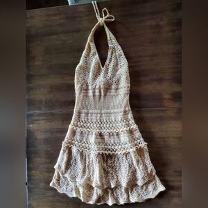 Moda International Beige Crochet Halter Dress size Medium